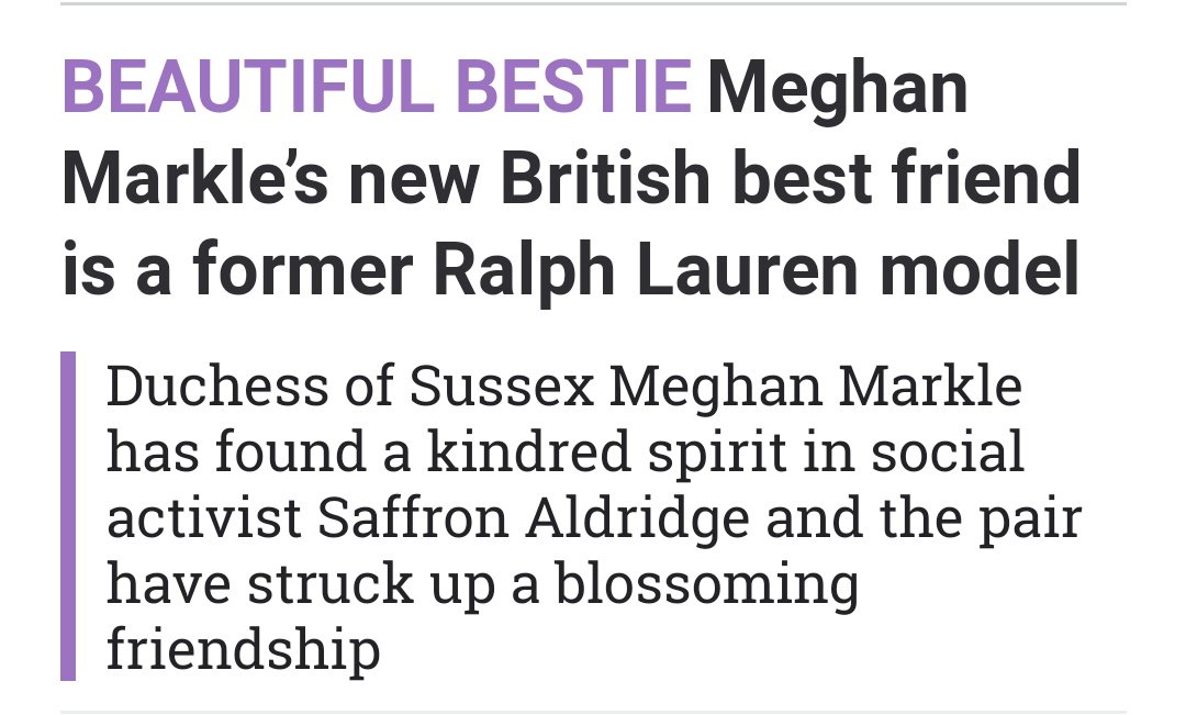 Aldridge Saffron is a British model and close friend of Meghan Markle. Her current husband is Ian Wace, financier and co-founder of the Absolute Return for Kids (ARK) charity which subscribes to the principles of child protection and has Lord 'Hedge Fund' Fink as co-director.