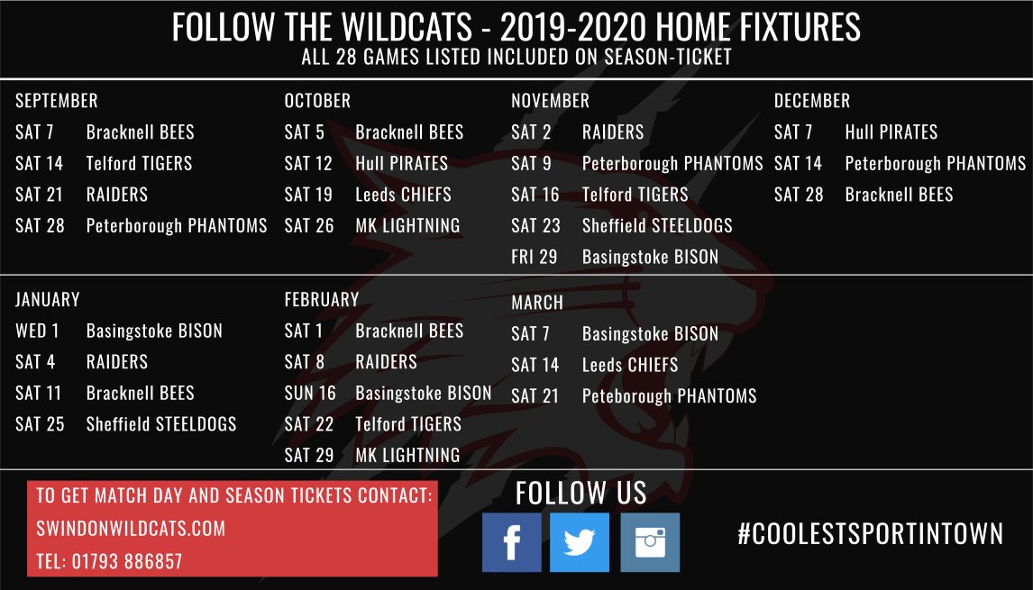 The Bespoke Guardians Swindon Wildcats (@swinwildcats) on Twitter photo 📅19/20 FIXTURES REVEALED📅
We kick off our regular season home schedule against <a href="/Raiders_IHC/">Romford Raiders</a> on Saturday 21st September! For the full fixture list visit the website below! ⤵️
swindonwildcats.com/news/1787/2019… 📅19/20 FIXTURES REVEALED📅
We kick off our regular season home schedule against <a href="/Raiders_IHC/">Romford Raiders</a> on Saturday 21st September! For the full fixture list visit the website below! ⤵️
swindonwildcats.com/news/1787/2019…