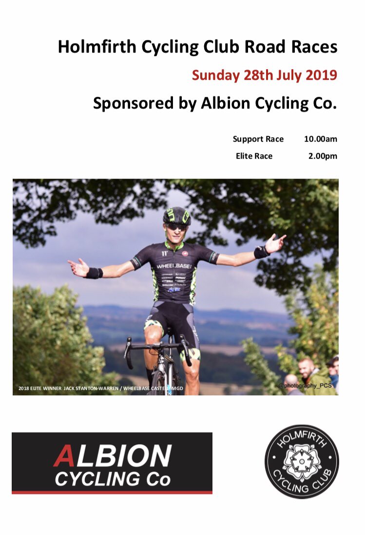 Holmfirth CC Road Races tomorrow sponsored by <a href="/AlbionCycling/">Albion Cycling Co</a> 10am 3/4 50 miles, 2pm E1/2/3 75 miles. Quality fields on both races. 1/3