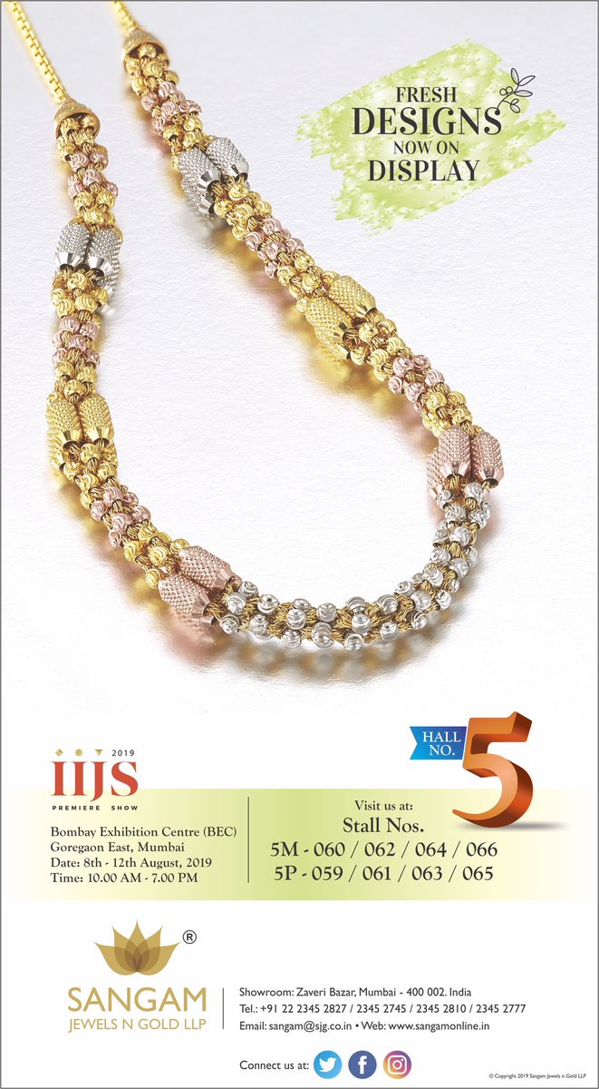 JewelsLlp's tweet photo. Witness Our Whole New Range Of "FIBRE COLLECTION" in IIJS Premiere Show 2019. It is also the Largest Collection ever Displayed. 
Dates: 8th - 12th August, 2019.
.
.
.
.
#sangam #jewels #gold #18k #22k #chains #ornaments #jewelry #jewellery #iijs #necklaces #rings #earrings #India https://t.co/3JmAvPzANx