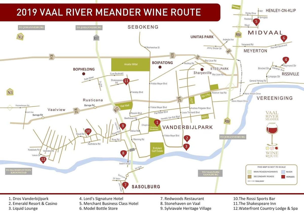 No need to fly to the Cape, come and enjoy tasting superb South African wines right here in the Vaal in Gauteng🍷

Only 2  wine tasting weekends left of the 2019 Vaal Wine Route, don't miss out!

R30 to taste 8 wines
R40 to taste 12 wines
R50 to taste 16 wines

Bookings essential