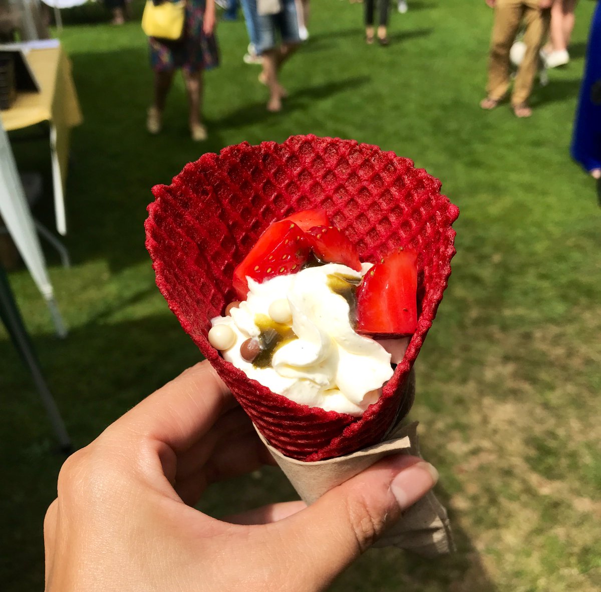 HungryCityHippy's tweet photo. Breakfast at @bitecardiff - a @CocoricoCardiff strawberry waffle cone filled with strawberry cream and topped with fresh strawberries and an aromatic gel 😍 #bitecardiff https://t.co/QCdVXe8F75