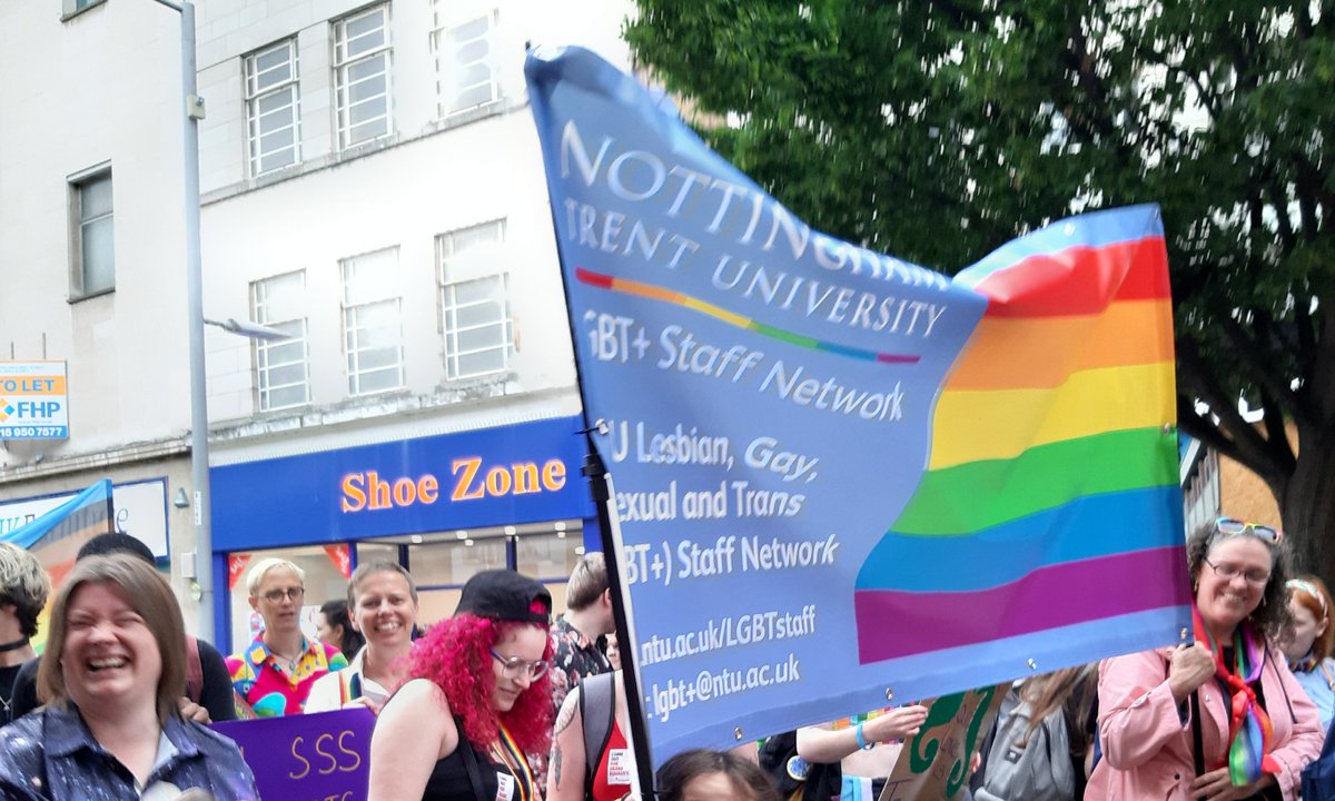 L0Usilver's tweet photo. Amazing turnout of colleagues to support #NottsPride as part of @NTU_staff and @Trentstudents. Privileged to stand together, even in the pouring rain! #RespectAtNTU https://t.co/F0Uq3LfD40