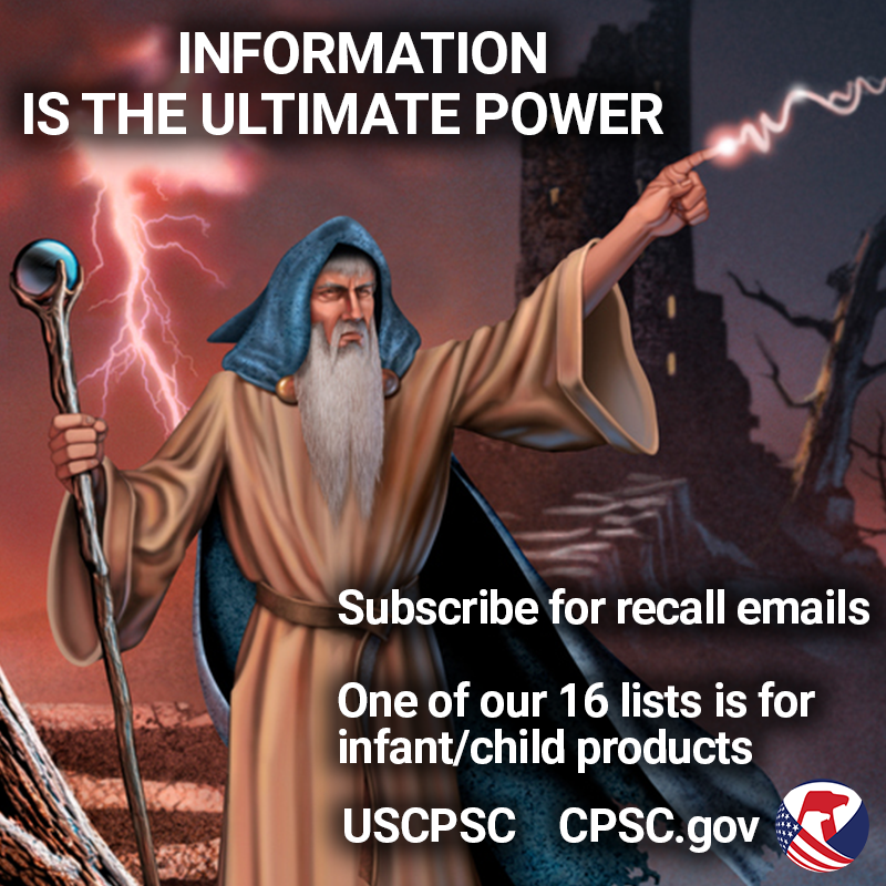 A wizard with a staff shooting lighting bolts out of their fingers. The text reads: Information is the ultimate power. Subscribe for recall emails.