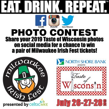 TasteofWI's tweet photo. Day 2 starts at 11am today, make sure to stop by @mkeirishfest booth and also tweet photos of your visit at Taste of Wisconsin for a chance to win!  Hours: July 27 (11am-11pm) July 28 (11am-7pm). #TOW19 https://t.co/KiosBmb4xU