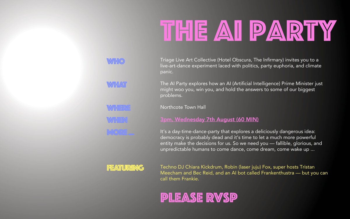 The AI Party is coming. Follow the link to RSVP for Wednesday August 7 at 3PM Northcote Townhall: airtable.com/shrQpZPOLbLqEJ…
Wear your dancing shoes 😍 All welcome
