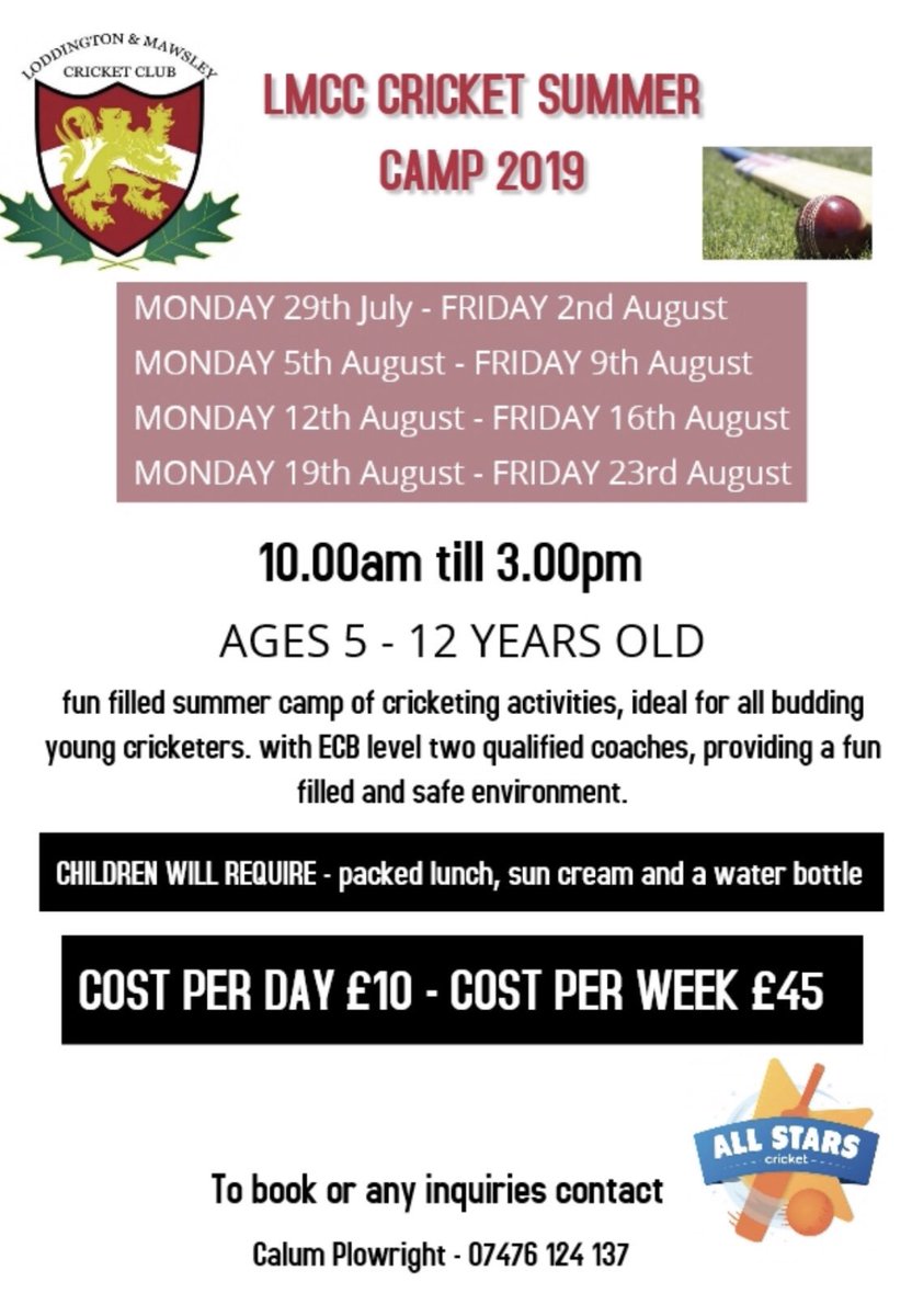 theLMCC's tweet image. OUR SUMMER CAMP STARTS ON MONDAY!!! You can turn up on the day and pay. Loads of cricket drills, skills and competitions. THE ASHES will be shown live on Thursday and Friday as well! £10 a day, one of the cheapest Summer Camps going!