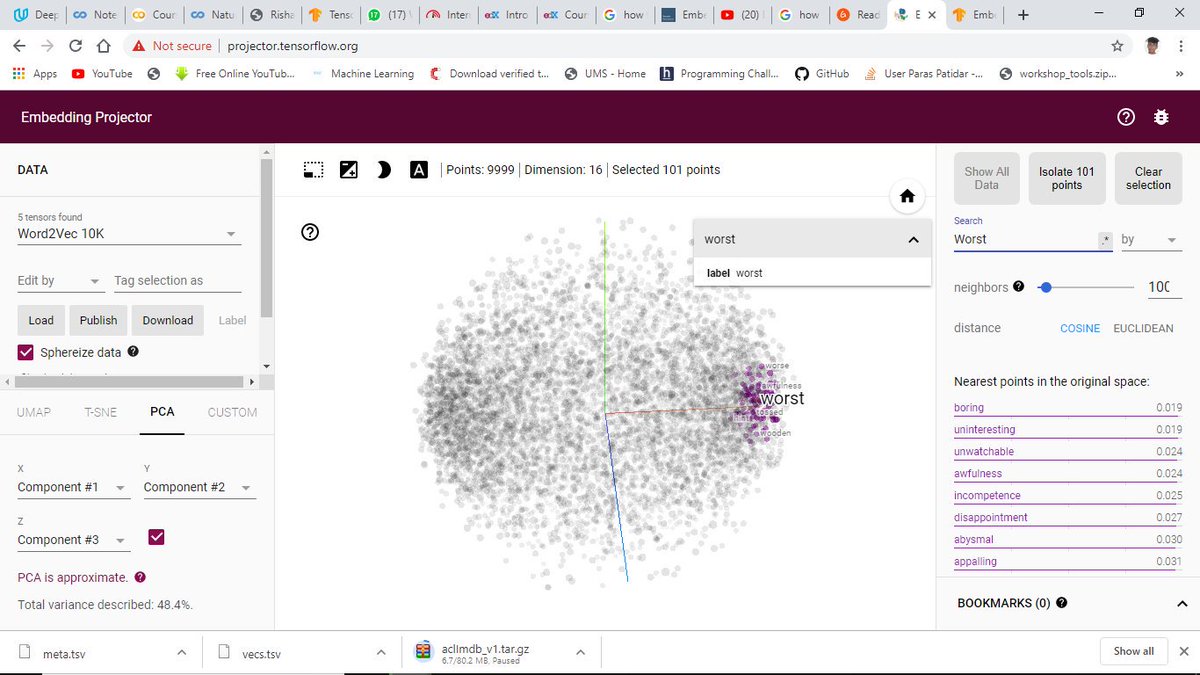 patidarparas13's tweet photo. Hey Everyone, today working with #IMDB #Dataset and going through #DeepLearning course , I came across #EmbeddingProjector to visualise #embeddings like a globe &amp; giving - &amp; + reviews on both ends. 
https://t.co/z1gWrjYXTc
Try out: https://t.co/ZzLFoH11pn by @lmoroney @TensorFlow https://t.co/GA3BfX1vzN