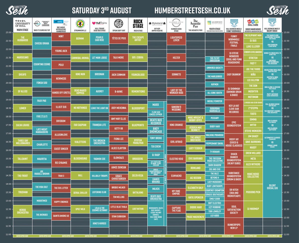 Coming to Humber Street Sesh next Saturday? 🌞

Here's all the info you need on set times &amp; clashes, so you can plan your day!

P.S. There are only 5 days left to get tickets at advance prices! Pop &amp; see one of our indie retailers this aft, or head to bit.ly/2M86ZXk🎟️