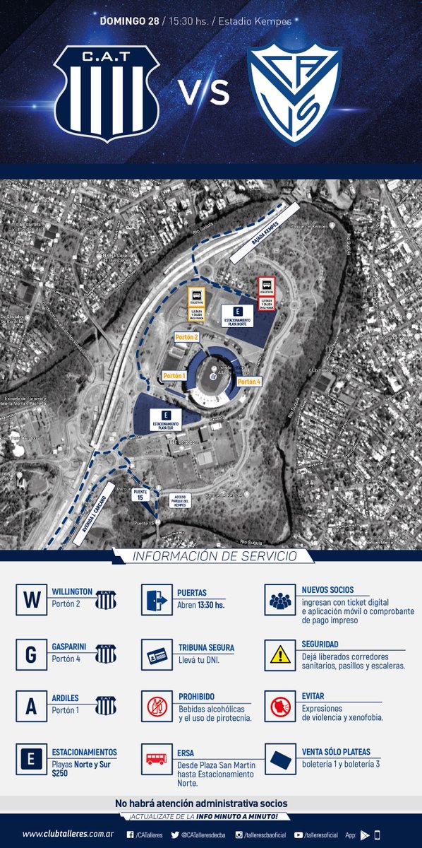 CATalleresdecba's tweet photo. #Talleres - @Velez | Te contamos la información de servicio que debés tener en cuenta para ir a la cancha 👇 https://t.co/qk1f4qnX1a