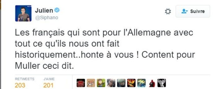 C'est ce tweet. Beaucoup ont cru que je parlais de l'époque nazi, alors que non, c'était un soir de coupe du monde de foot, je fais référence au match France - RFA de 1982 avec l'attentat de Schumarer sur Battiston. Pas pour rien que je parle de Muller, un autre joueur de foot