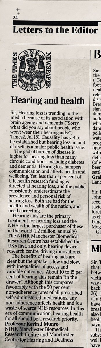 Kevin J Munro (@kevinjmunro) on Twitter photo #hearingloss is major disease burden but receives crumbs of research funding, and the public consistently underestimate prevalence & personal risk. <a href="/ManchesterBRC/">NIHR Manchester Biomedical Research Centre</a> & @ManCAD_UoM raising the profile with this letter-to-editor, The Times, July 27, 2019. #hearingloss is major disease burden but receives crumbs of research funding, and the public consistently underestimate prevalence & personal risk. <a href="/ManchesterBRC/">NIHR Manchester Biomedical Research Centre</a> & @ManCAD_UoM raising the profile with this letter-to-editor, The Times, July 27, 2019.