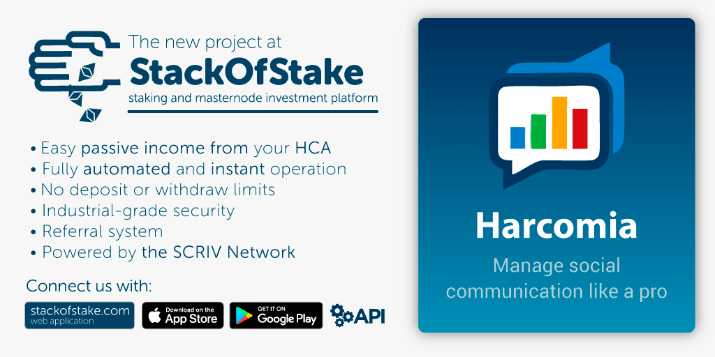 stackofstake's tweet photo. Meet the new member of #StackOfStakeClub - $HCA 🥳 
@HarcomiaHCA is a new project that is developing 🐦 #SocialMedia managing platform. You can learn more from official website https://t.co/zvHGXSNMqg!
Join https://t.co/pTaN10zDVx to earn 🤑 passive income from your $HCA coins https://t.co/ed4XPipZ9f