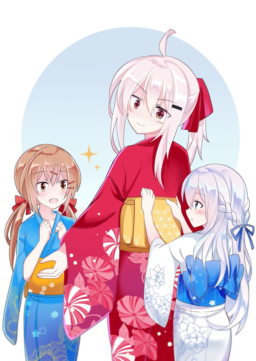 gangut (kancolle) ,tashkent (kancolle) 3girls multiple girls kimono japanese clothes brown hair low twintails long hair  illustration images