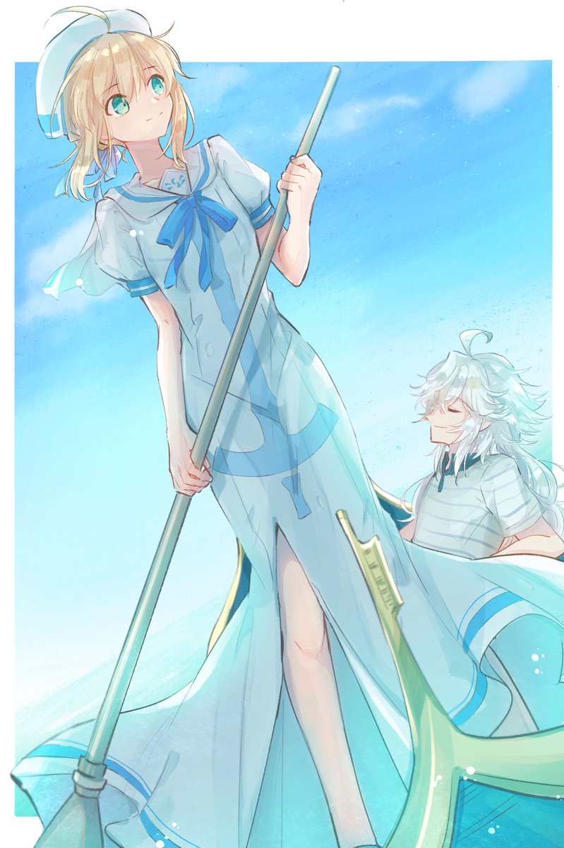 artoria pendragon (fate) ,merlin (fate) 1girl long dress 1boy blue ribbon short sleeves blonde hair white dress  illustration images