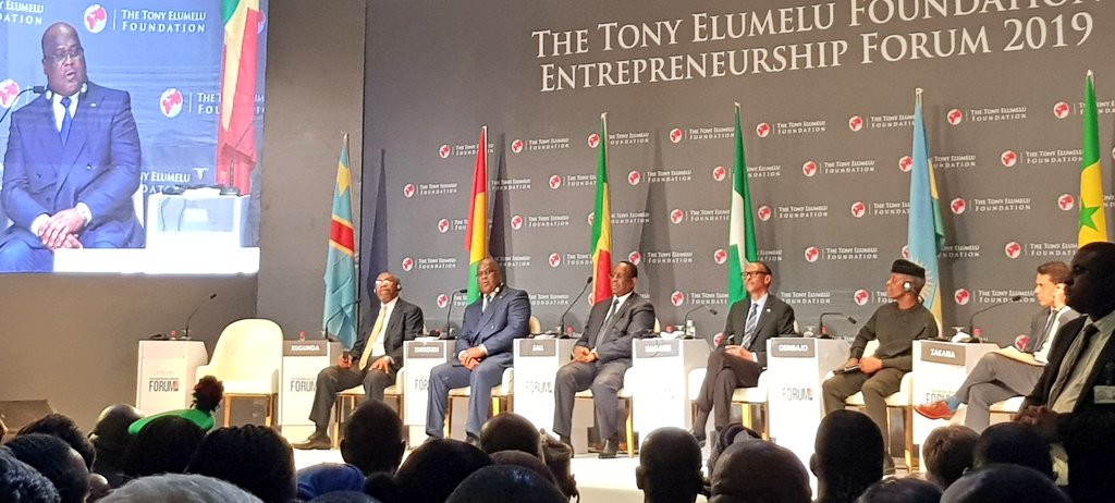 President of Rwanda <a href="/UrugwiroVillage/">Presidency | Rwanda</a>, President of Senegal <a href="/PR_Senegal/">Présidence Sénégal</a>, President of Democratic Republic of Congo, Prime Minister of Uganda &amp; Vice President of Nigeria @AsoRock discuss what they are doing to promote entrepreneurship in their countries. #GenUnlimited #TEFforum2019