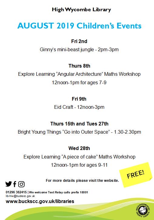 Join us this summer for a variety of free, fun events at #WycombeLibrary including creative crafts and space-themed writing workshops! For more details please visit our website ow.ly/WKuy50v5QA8 or ask a member of staff. SH