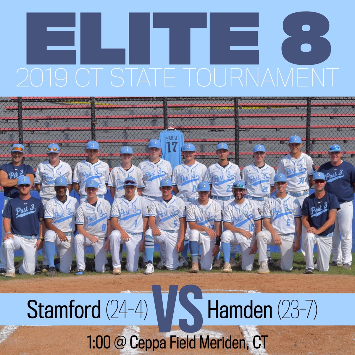 And then there were 8! Take the ride with some friends up to Meriden to watch us take on <a href="/HamdenPost88/">Hamden Post 88</a> in the Elite 8 of the CT American Legion Baseball State Tournament! See you this afternoon! #ctbase #ctalbb #CS17