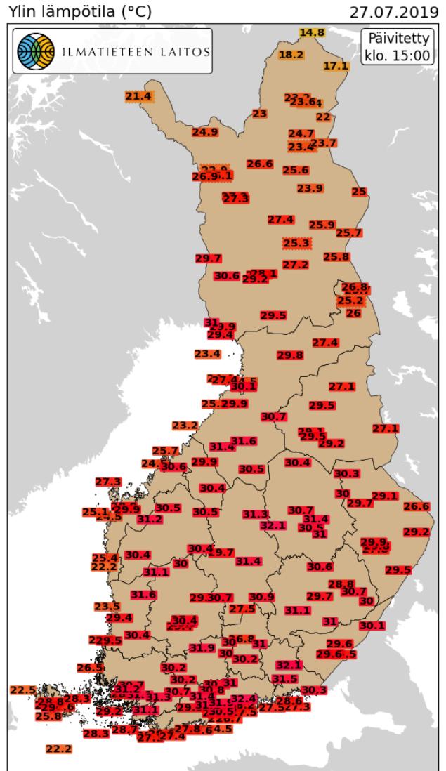 meteorologit's tweet photo. Tänään on #saunapäivä! Lämpötilat ovat koko maassa erittäin korkeita - yli #30astetta on mennyt rikki monella paikkakunnalla ja nousukiito jatkuu edelleen. Kuvassa päivän ylimmät lämpötilat tähän mennessä. Lapissa jo ensimakua tulevasta kylmenemisestä. #Helle #vielävähänaikaa https://t.co/FOFC3GuVbR