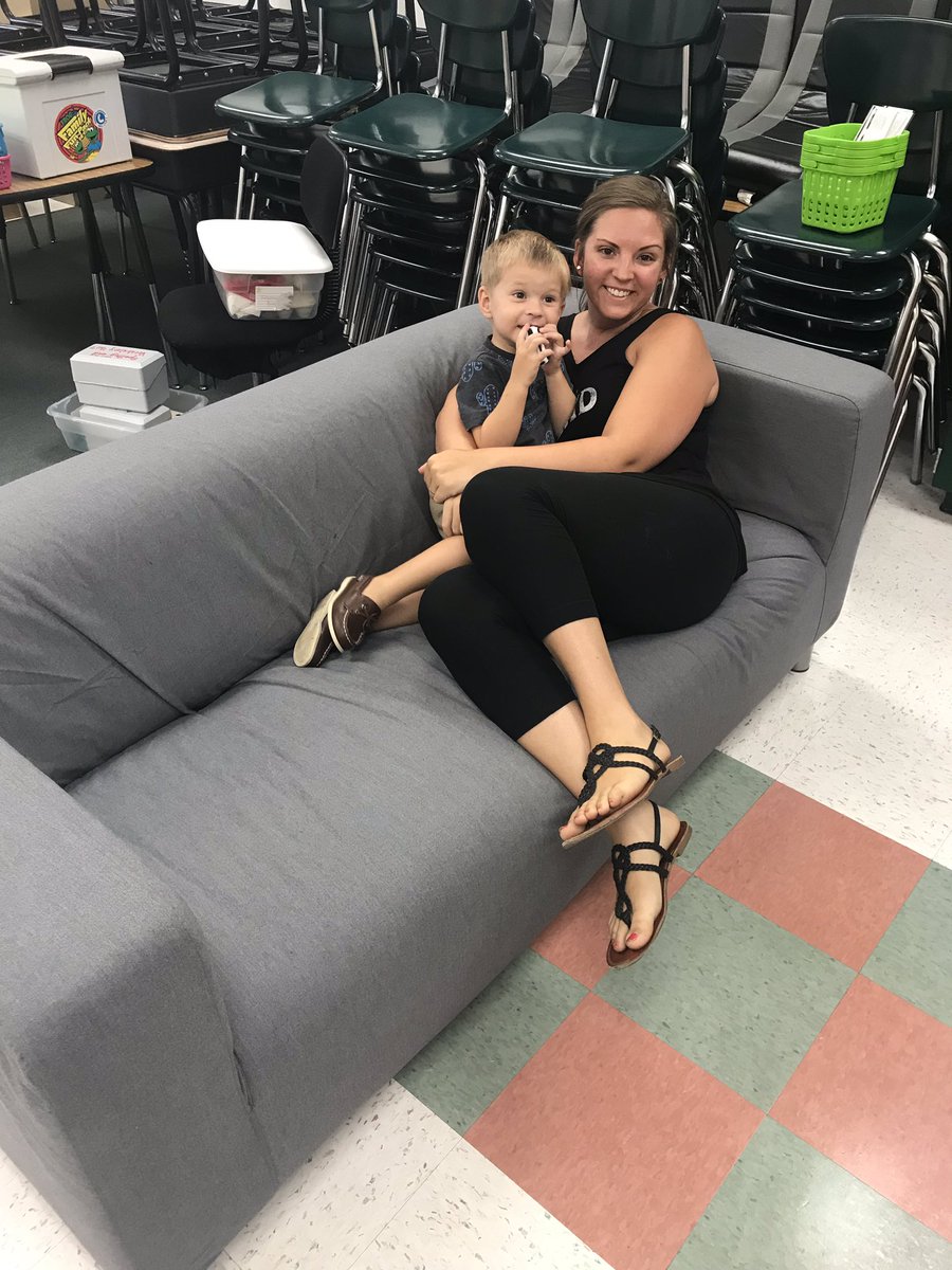 The couch is PERFECT!!! 😍 Little man likes it too! 🤣 #SpiritBelieves #iteach4th #classroommakeover