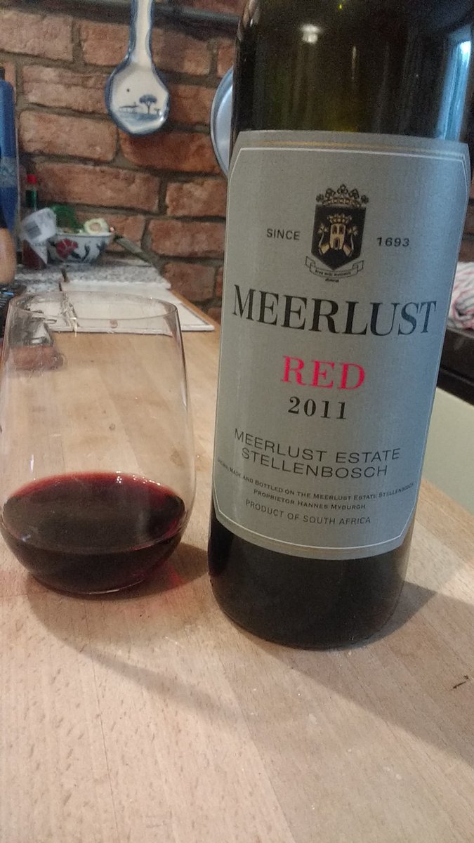 2011 Red from <a href="/MeerlustWine/">MEERLUST WINE ESTATE</a>. I havent opened a bottle in 7 months. It keeps getting better - still tobacco but less pronounced than before, with big soft juicy dark berries coming to fore, and a hint of vanilla. Probably a few years left yet but my supply is dwindling rapidly!