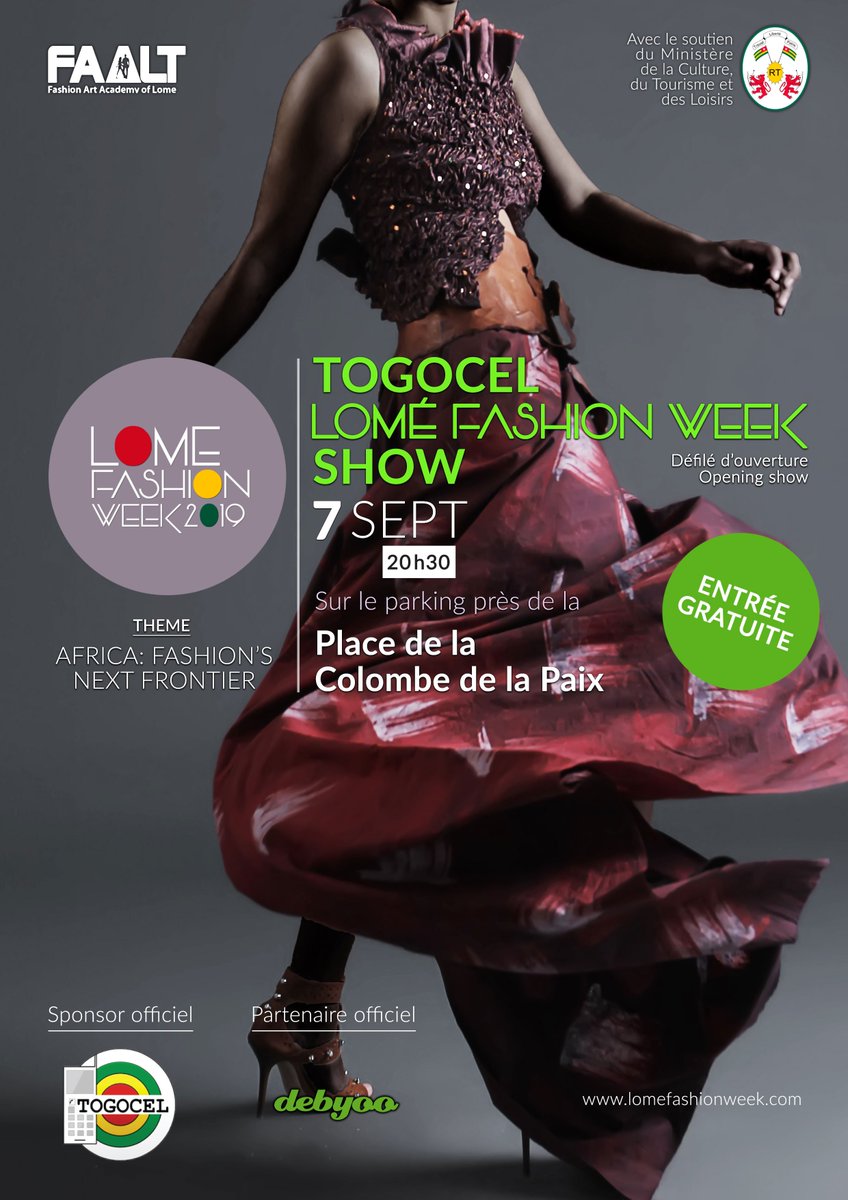lomefw's tweet photo. Le Togocel Lomé Fashion Week Show ouvrira le bal de la 4ème édition de la Lomé Fashion Week. Samedi 7/09 à partir de 20h30 près de la place de la Colombe de la Paix. Un grand show public. Entrée gratuite. https://t.co/21WoalatTD #lomefashionweek #lomefw #africa #togocel https://t.co/wxm9a0YuN2