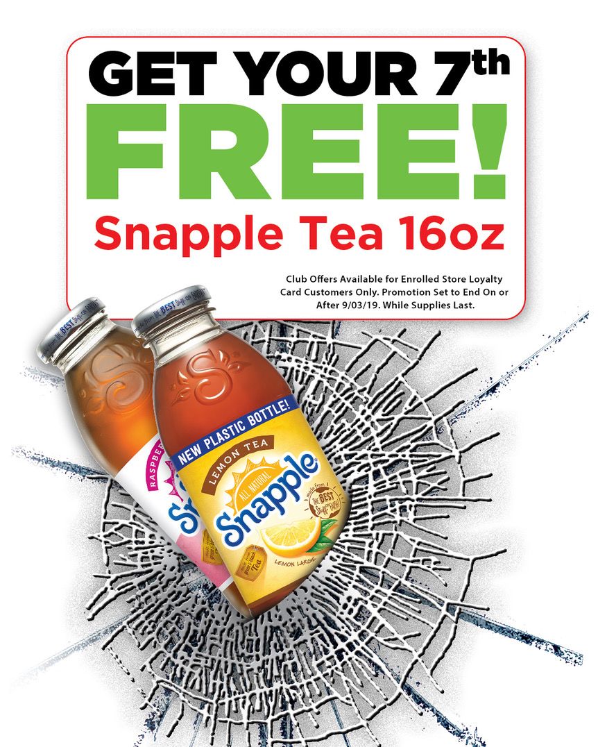 Get the 7th Snapple 16oz FREE with Enrolled Loyalty card at Roadrunner Markets! #FASRewards