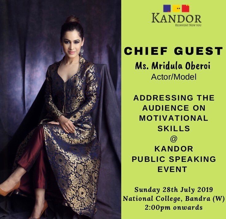 Rinkalshukla's tweet image. Very glad and privileged to have ACTOR/MODEL @mridzuniverse as a chief guest at our KANDOR Public Speaking Event on Sunday 28th July, 2019, 2:00PM onwards at @Nationalcollege, Bandra West.#motivation #confidence #mumbai #gratitude #Bandra @bandrabuzz @bombaytimes