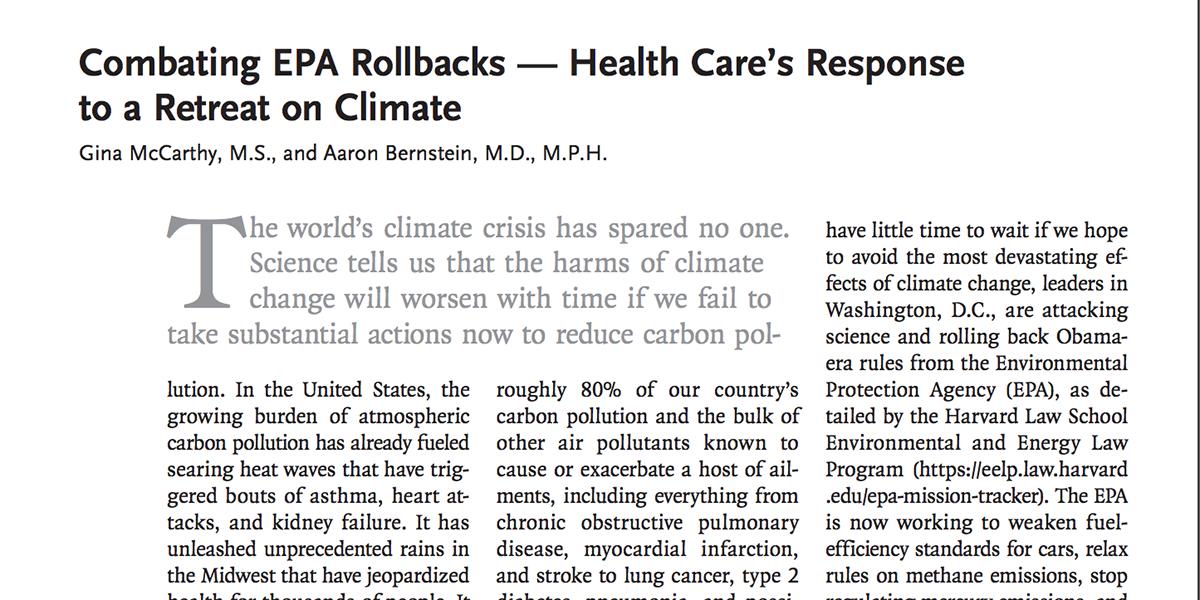 HarvardChanSPH's tweet photo. .@HarvardCCHANGE directors #GinaMcCarthy and Dr. Aaron Bernstein say the @EPA's #attackonscience and rollback of Obama-era rules endanger #publichealth in their new @NEJM op-ed. We need to #protectscience for ourselves and our kids: https://t.co/B2d6oreCBQ https://t.co/17WcNMUl0K