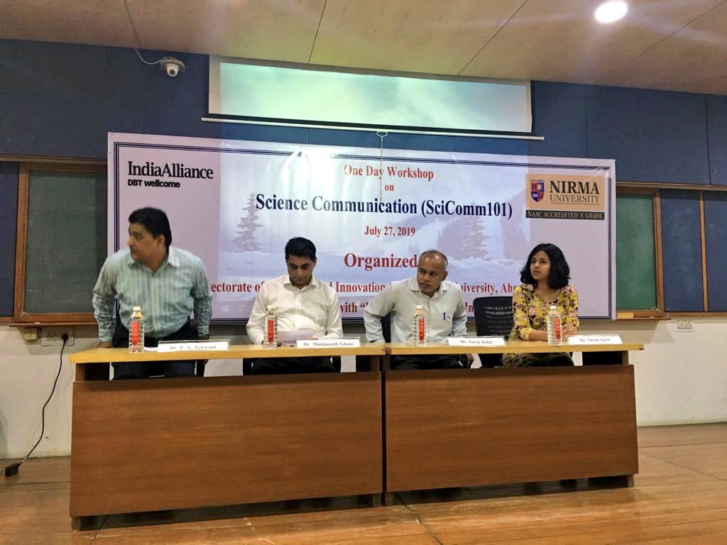 India_Alliance's tweet photo. .@India_Alliance #SciComm101 workshop reached the banks of Sabarmati yet again;this time graciously hosted by @NirmaUniTweets.PhD students from in&around #Ahmedabad participated in active learning & discussions on responsible #scientificconduct & effective #ScienceCommunication https://t.co/jXWAYJPDeZ