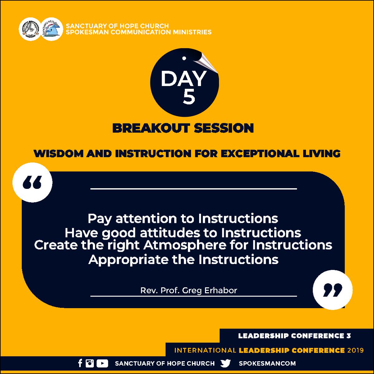 spokesmancom's tweet photo. #Wisdom and #Instructions for #Exceptional Living.
#Exceptional_Living
#Day_5
#Breakout_Session
#ILCON2019
#SOHChurch https://t.co/evLusGdu8R