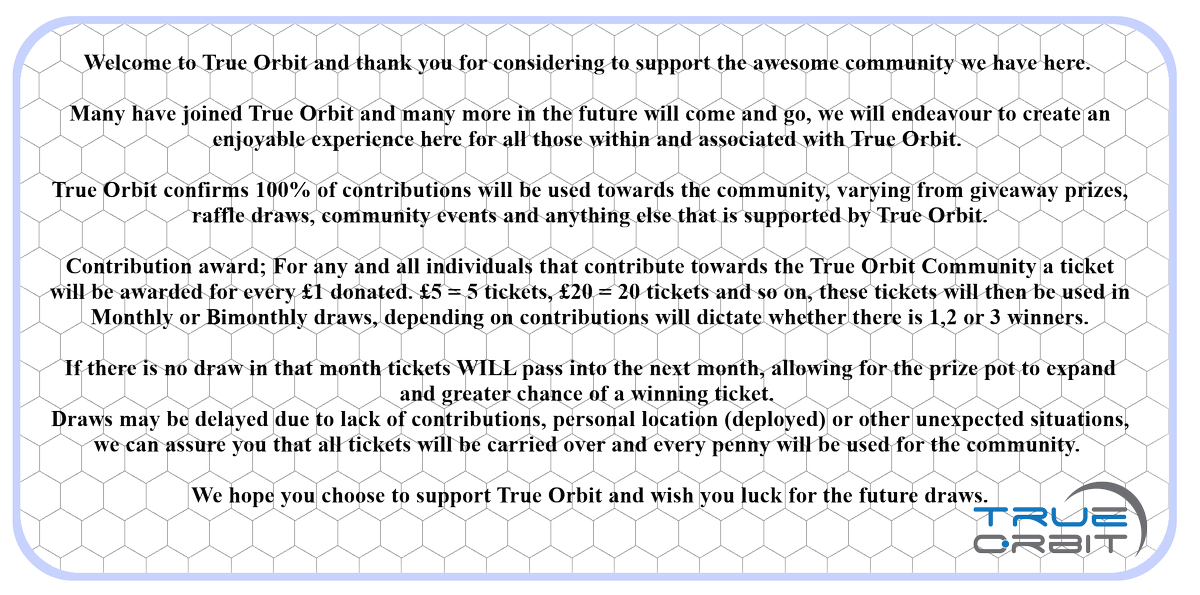 After multiple requests True Orbit has opened a Contributions channel in our discord, rewarding raffle assisting its creation. discord.gg/FfQdVEY #GIVEAWAY are not restricted to team members, all who are members of our #Discord are eligible. #StarTrek #gaming #community