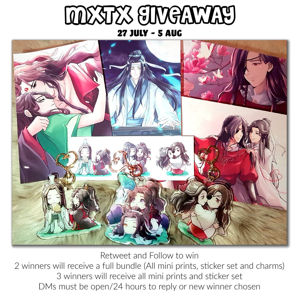 Finally doing that 500, err 600+ MXTX giveaway like I promised!
Thank you everyone for the support 🥰
-RT + Follow to enter
-2 Winners get full bundles
-3 Winners get prints + Sticker sets
-International shipping provided
#人渣反派自救系统 #魔道祖师 #天官赐福