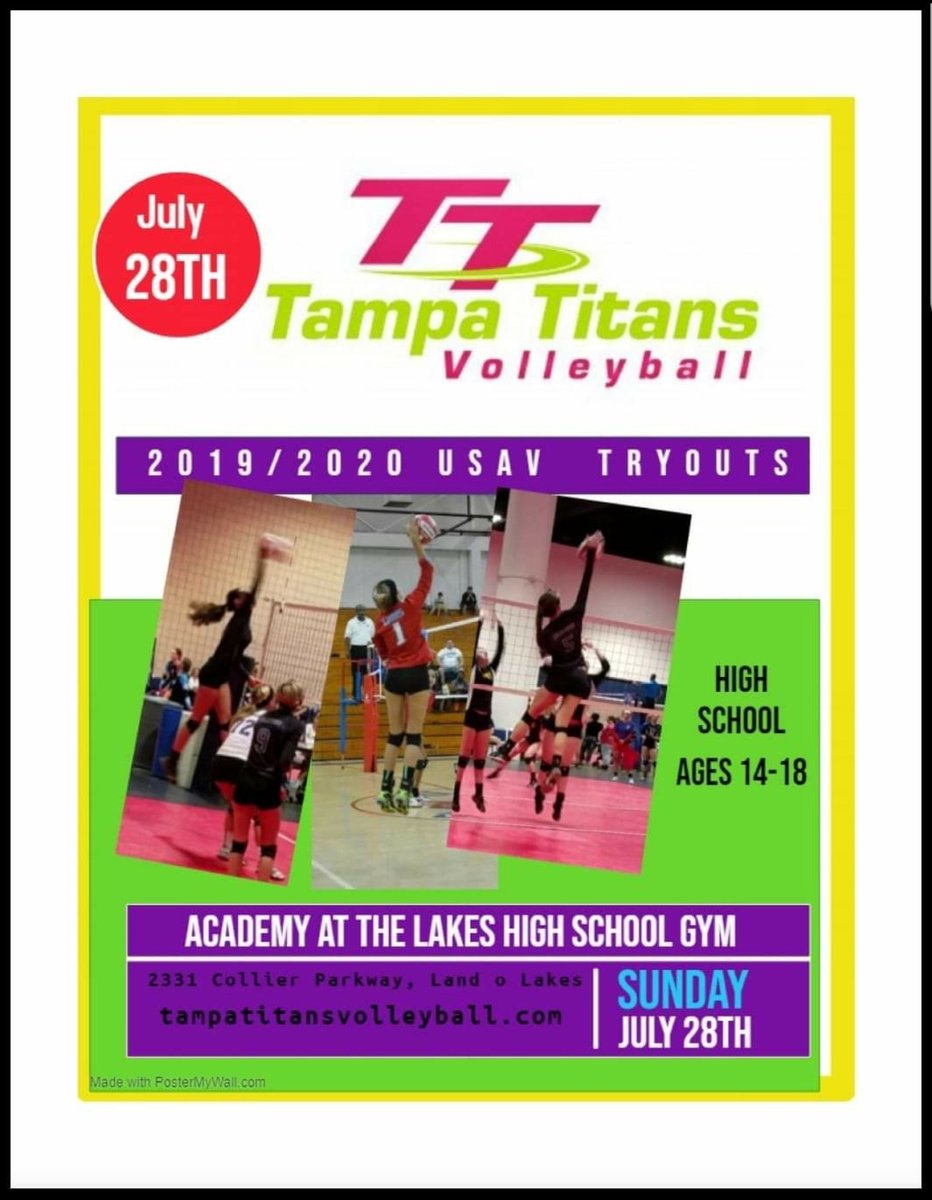 TampaTitansVB's tweet photo. 📢 Reminder 📢

Get yourselves ready for the High School season tryouts by participating in our High School age tryouts for the 2019/2020 Club season!

📆 July 28 - Tomorrow!
🕖 7pm
📍AATL Gym - 2331 Collier Pkwy, 34639 https://t.co/8ZaUZqXaIh