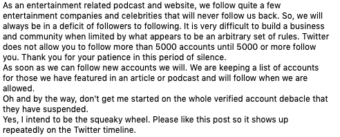 TheTwoGayGeeks's tweet image. Thank you to all who follow our @Twitter account. If you have followed us recently and we have not followed you back it is not that we don&apos;t want to, it is that @Twitter will not allow us to according to guidelines. See the attached for more info. @Twittersupport may be unhelpful