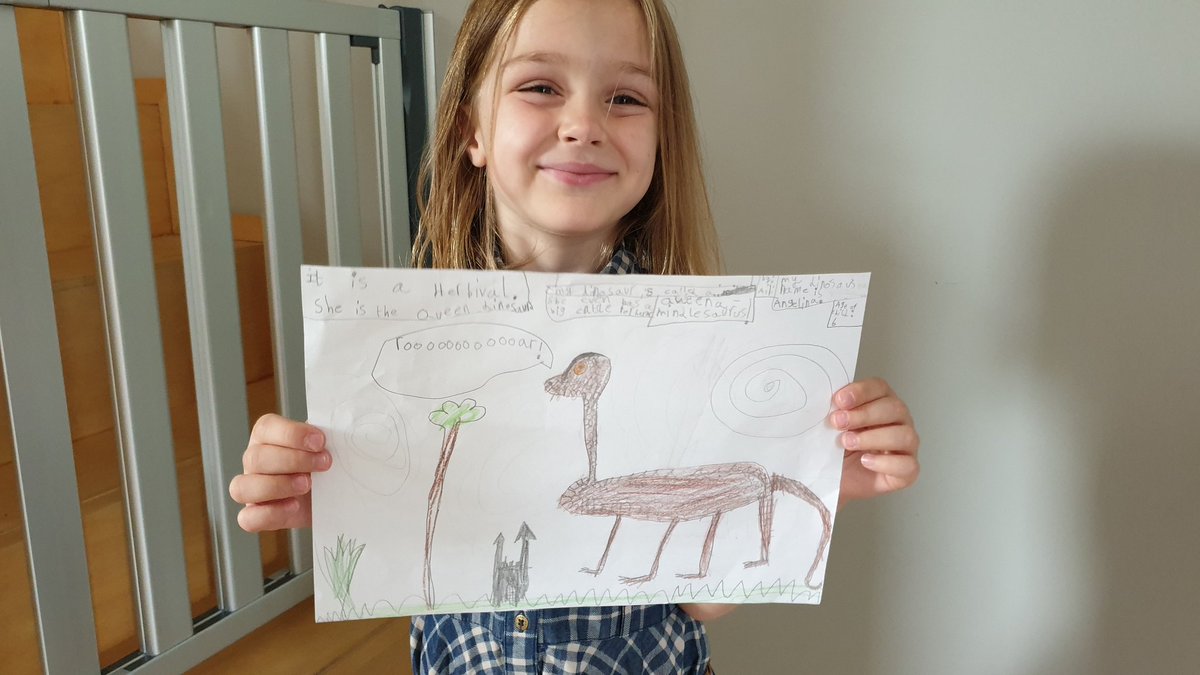 wavetomummy's tweet photo. Aili, 6 years old, presents her Queenamindlesaurus - a queen of dinosaurs, a herbivore, named Angelina, and who has a castle 😅🦕👑 #dinoworldlivecomp @dinoworldlive https://t.co/ELRphstZQP