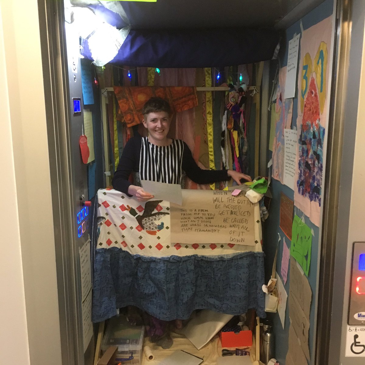 _mattbaker's tweet image. #Behavin’ live art on #Dumfries high street now..’press play’ in the lift @TheStovies and @DMC_Dumfries ‘Plaza’ (worlds smallest music venue) #ReclaimTheHighStreet #MakingDumfries