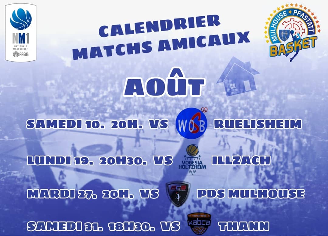 MulhousePfastBA's tweet photo. Pour préparer la nouvelle saison en #NM1 , le @mulhousepfastatt jouera les matchs amicaux suivants.
D'autres matchs en septembre (infos à venir).
Venez découvrir et supporter votre nouvelle équipe du 🔵⚪🏀MPBA 🏀🔵⚪!! #GoMPBA #teammpba #matchsamicaux https://t.co/edhkuFMm3Z