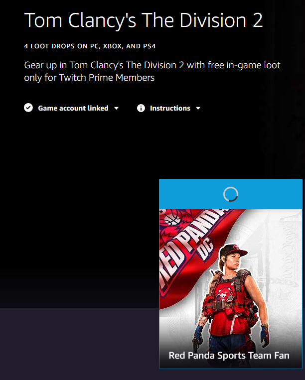 Zxckeyy's tweet image. @TwitchPrime i'm still not able to claim the Red Panda Sports Team Fan outfit for @TheDivisionGame. It keeps loading and loading....anyone else have this problem? #fixplease