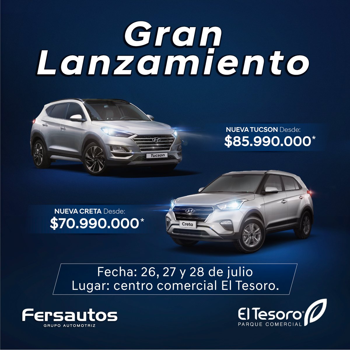 fersautos's tweet photo. Acompáñanos este fin de semana en el gran lanzamiento de las nuevas Creta y Tucson Europea en el Centro Comercial El Tesoro. 

Visítanos en https://t.co/pojBYEmDJH y prepárate a estrenar con #Hyundai https://t.co/5d65s94SzJ