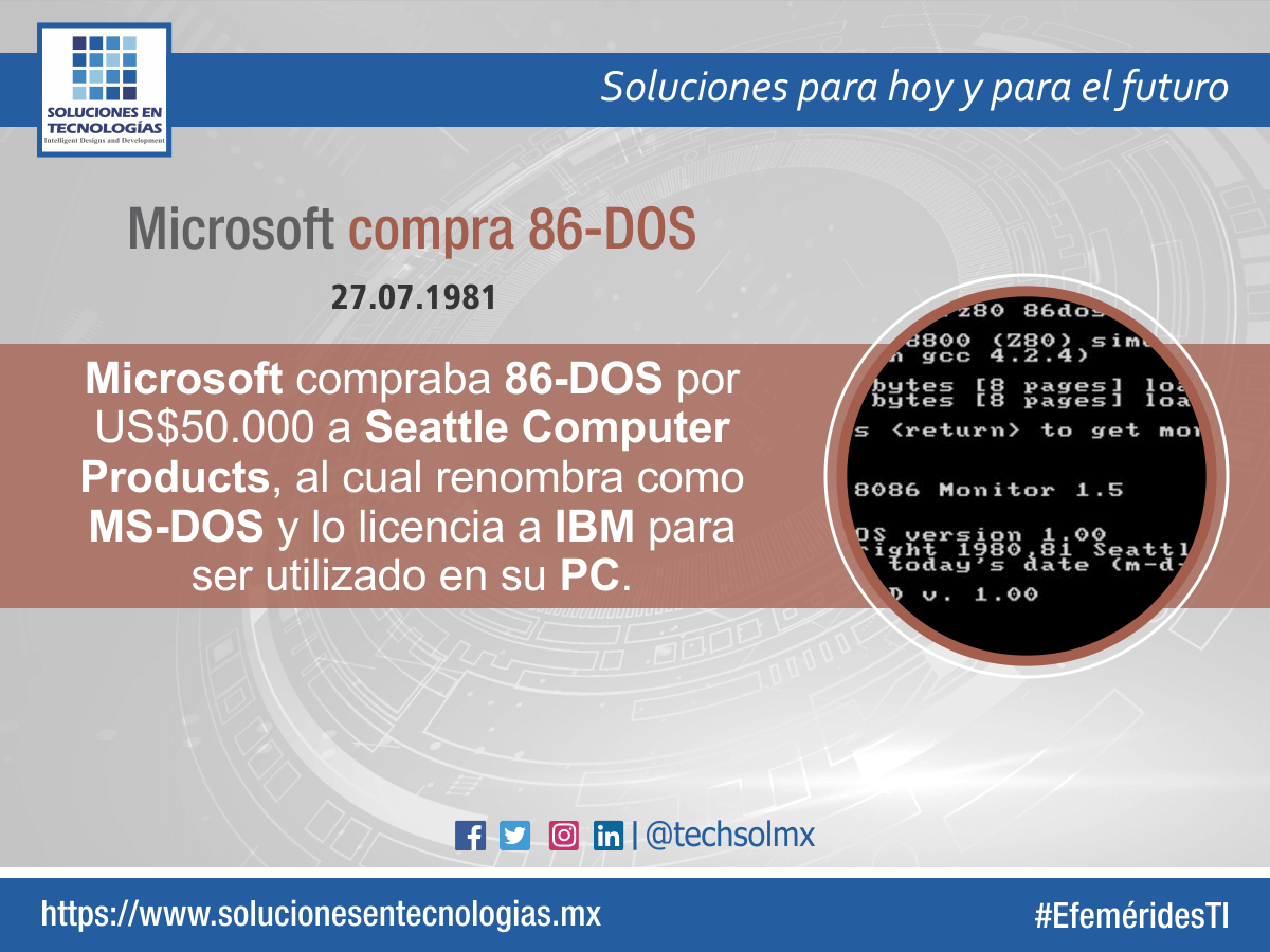 techsolmx's tweet photo. Un día como hoy (27/07/1981): Microsoft compraba 86-DOS por US$50.000 Seattle Computer Products, al cual renombra como MS-DOS y lo licencia a IBM para ser utilizado en su PC. https://t.co/0CrC3wF3xY #EfeméridesTI #Microsoft #86DOS #SeattleComputer #MSDOS #IBM #PC #Tecnologías https://t.co/J7EIYMO1E8