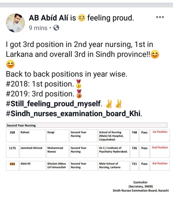 AbidAli_Tweets's tweet photo. I passed my 2nd year nursing with the #3rd_position overall in Sindh province, Pakistan.✌✌
Feeling very proud to get position back to back years. 😚
#2018 and #2019
#Sindh_nurses
#Pakistan_nurses
#Sindh_examination_board_karachi. https://t.co/UrmZOkqTcE