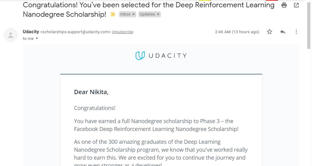_justacoder_'s tweet image. I am glad to share that I&apos;ve got selected in the top 200 for Deep Reinforcement Learning Nanodegree Scholarship - Phase 3.

I am really honored and grateful to be into this amazing scholarship program from Udacity and Facebook.

A huge thanks to all the spartans and to the CMs.