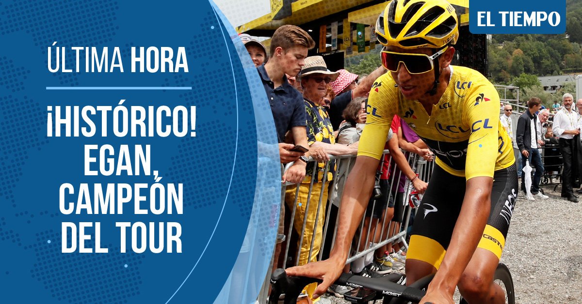 ¡Colombia, tenemos campeón del Tour de Francia! Abracémonos, celebremos y gocemos este histórico momento para el país que nos da Egan Bernal, zipaquireño de 22 años que logra la hazaña más grande para nuestro deporte. -> bit.ly/2K6rfG7