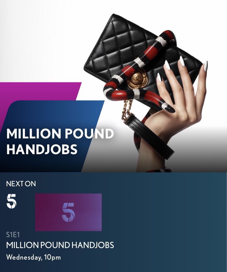 🚨🆕 MILLION POUND HANDJOBS

Meet the faces, and the fingers behind some of the UK’s biggest advertising campaigns. Welcome to the world of the Million Pound Hand Job! 

💅🏻 #MillionPoundHandJobs
📺 <a href="/channel5_tv/">Channel 5</a> 
📅 Wednesday 31st July
⏰ 10pm