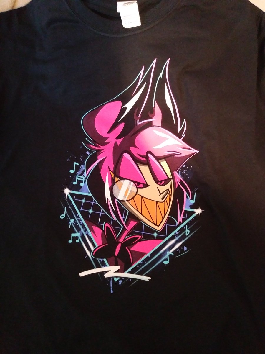 MatsuyukiYT's tweet photo. Got in my new #HazbinHotel merch! Forgot to tweet my last stuff, too, but I couldn't find the shirts, so the only one shown is my Alastor pin I got last time. Anyway I really love it all! @HazbinHotel @VivziePop https://t.co/1KgbXX3RAr