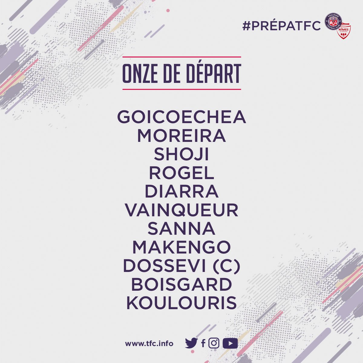 ToulouseFC's tweet image. #TFCNO, le onze de départ toulousain pour ce 5ème match de la #PrépaTFC.

⚠️ Le match se jouera sur 3 périodes de 45'.