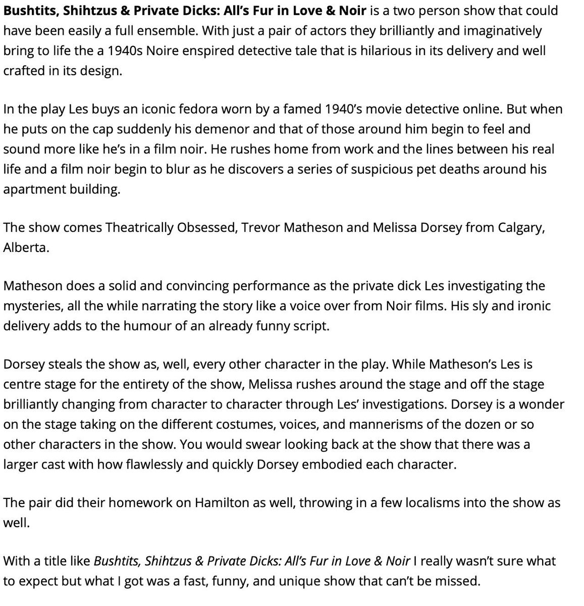 TheatricallyObs's tweet image. Have you read our Hamilton Reviews? Give them a look then come see us at 3:30pm today (SAT) or 9pm tomorrow (SUN)! Hamilton Fringe Festival #hamontfringe #bushtits #Fringe2019