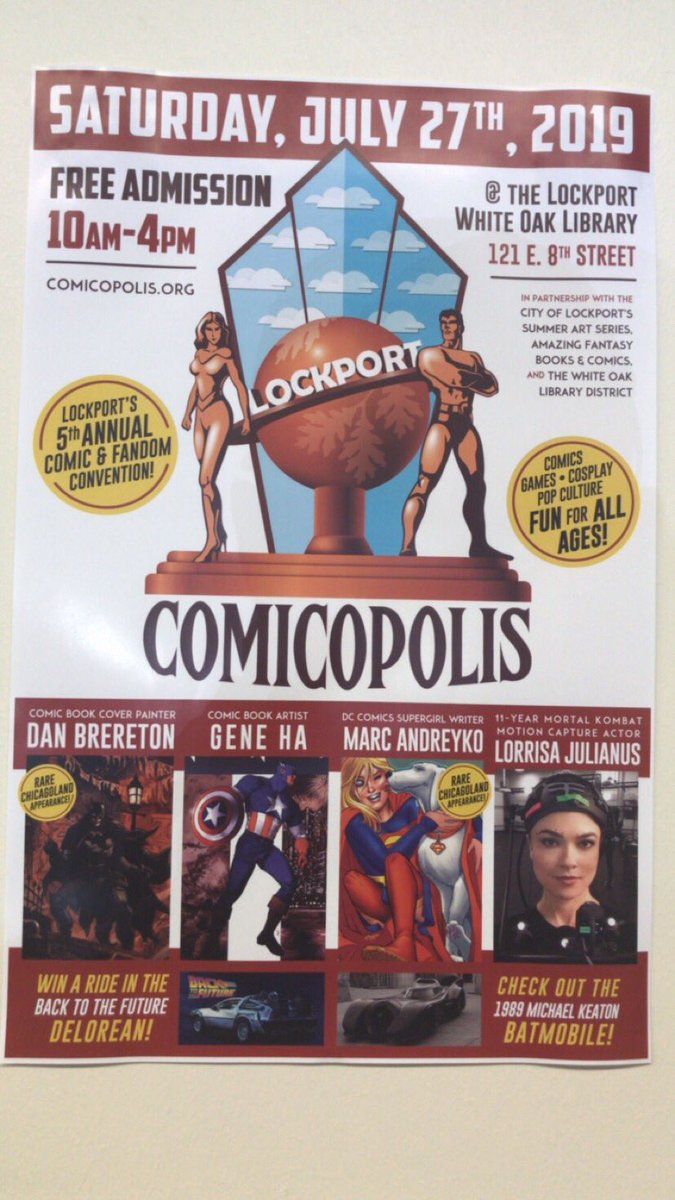 zachbinkley's tweet photo. Come on out to the @whiteoaklibrary event #Comicopolis today in downtown Lockport!
Tons of comic-related fun! #comics #scavengerhunt #food #cosplay #artists https://t.co/jH1pCnZYjb