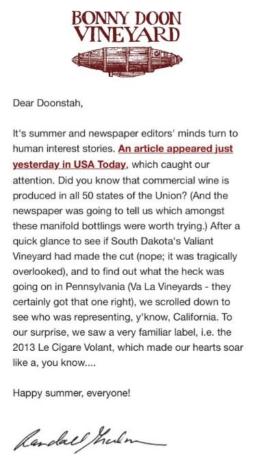 Many thanks for the kind words from the great Randall Grahm. #Bonnydoon